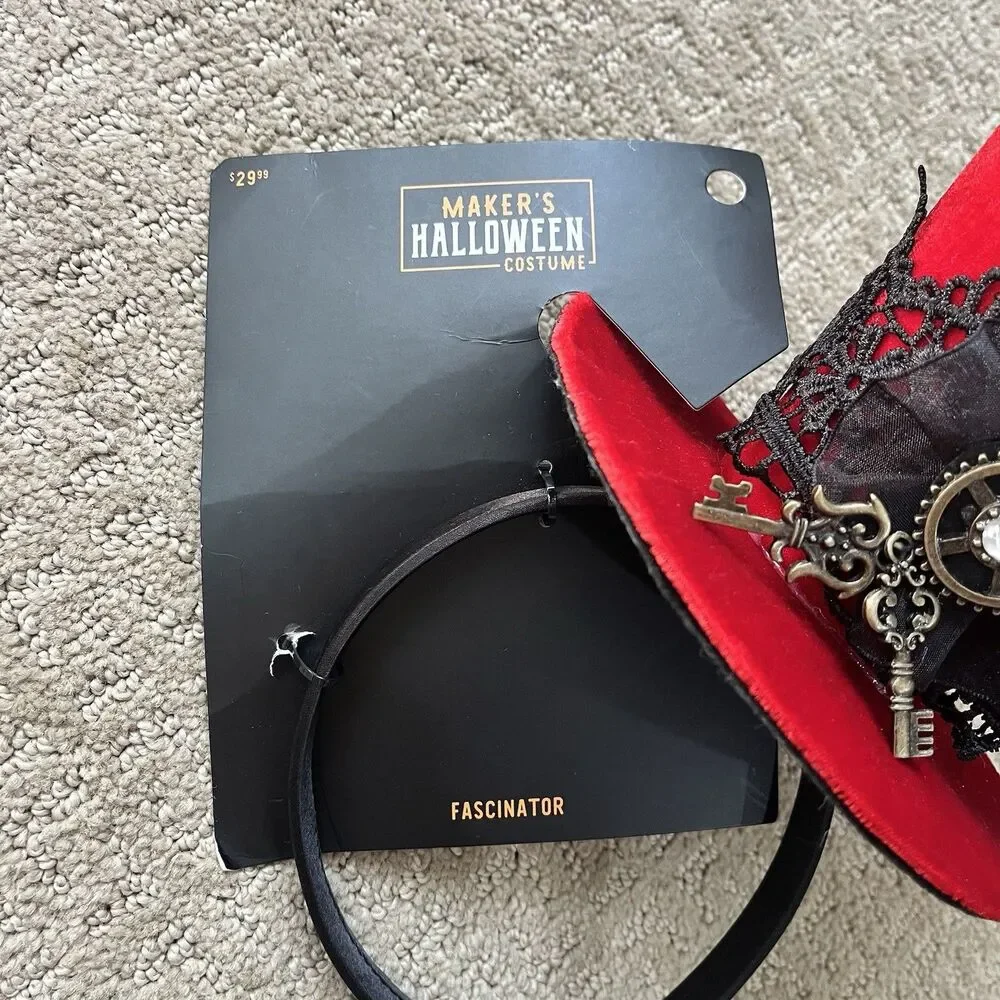 Victorian Steampunk Mad Hatter Red Velvet Mini Top Hat Fascinator Headband Blk